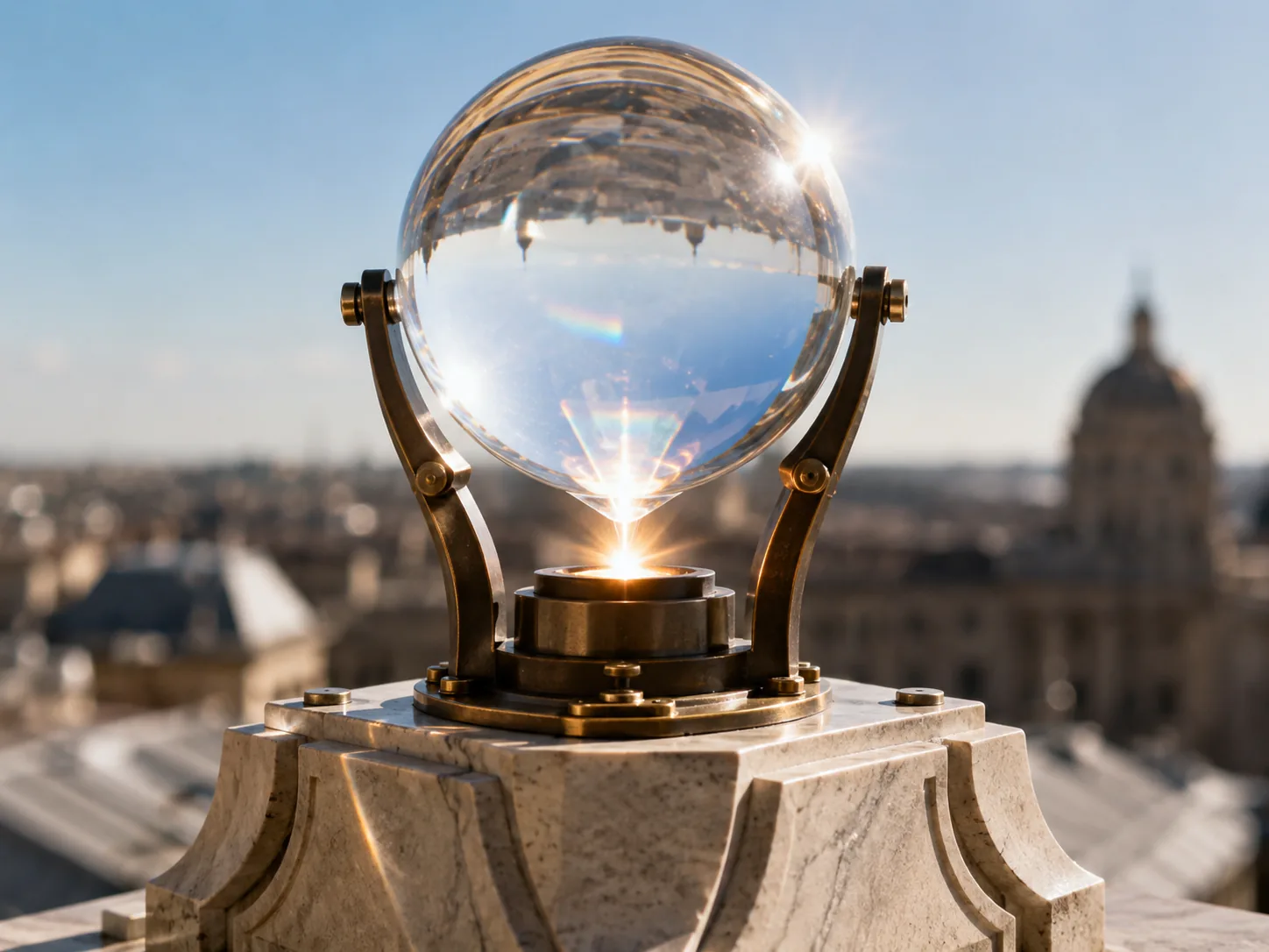 Brass-mounted crystal sphere focusing sunlight on a stone plinth