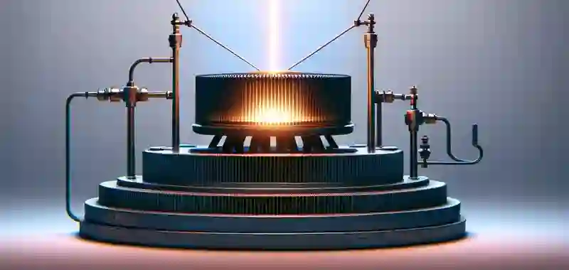 The receiver block: a finned heat plate over a tiered base, fed by copper water lines